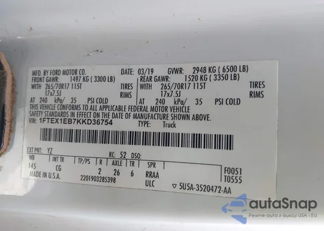 2019 Ford F-150 Xl z USA, uszkodzony, nr VIN 1FTEX1EB7KKD36754